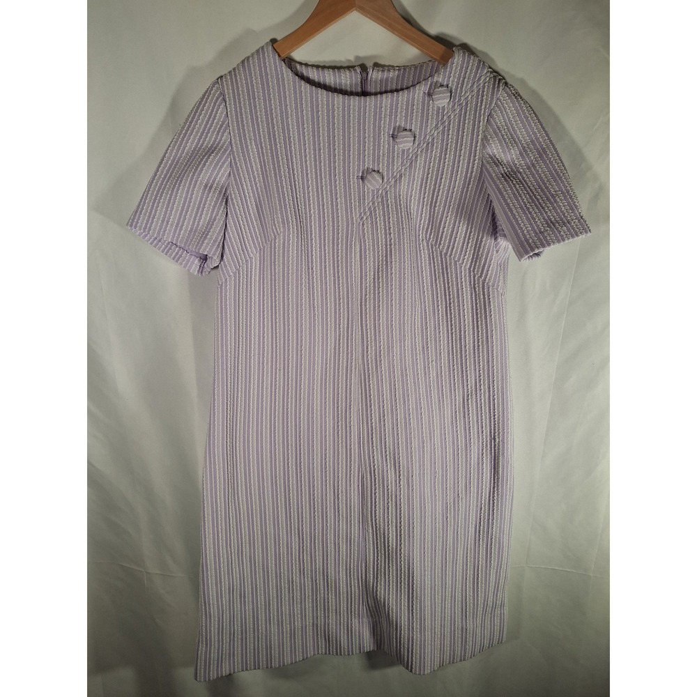 Vintage Lavender White Stripe Seersucker Shift Dress Button Detail Short Sleeve